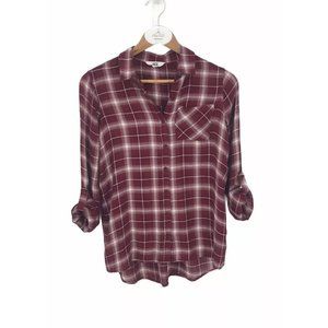 Jack BB Dakota Flannel Button Down Top XS Plaid Roll Tab Sleeve Hi Lo Red White